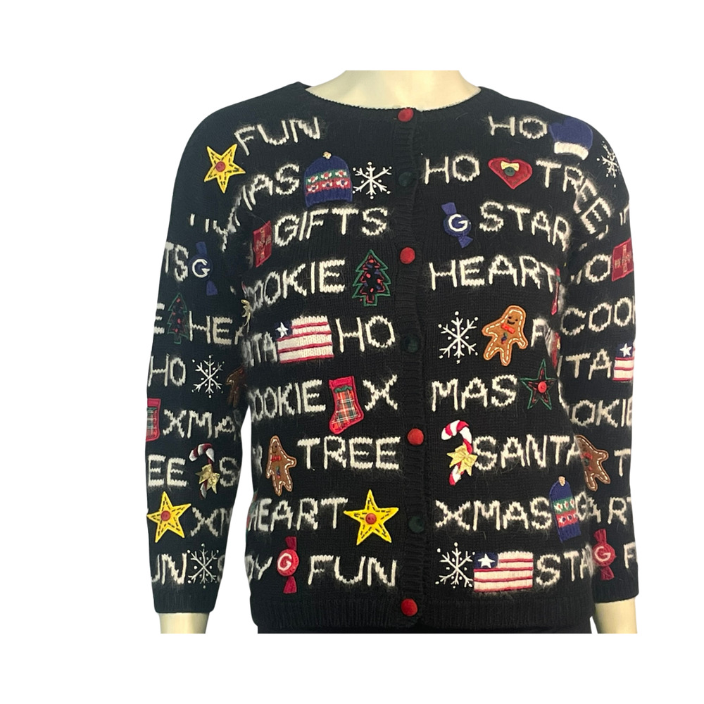Vtg 90s Marisa Christina Sz S-M Knit Cardigan Christmas Words Black Ugly Sweater